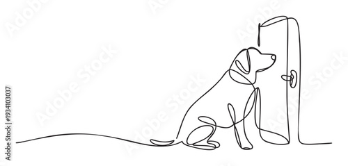 Continuous line drawing of a loyal dog sitting patiently by a door, illustrating themes of devotion and expectation, suitable for pet care promotions or modern interior decorations
