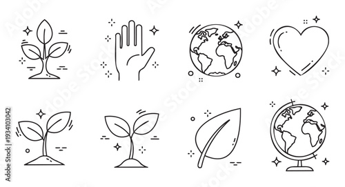 Modern set of line art vector icons symbolizing environmental protection, sustainable growth, global ecology, and human care for nature, perfect for green initiatives and educational