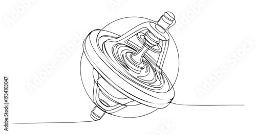 Minimalist continuous line drawing of a spinning top in motion, symbolizing balance and energy, perfect for physics educational content, playful childrens themes, or sleek abstract branding