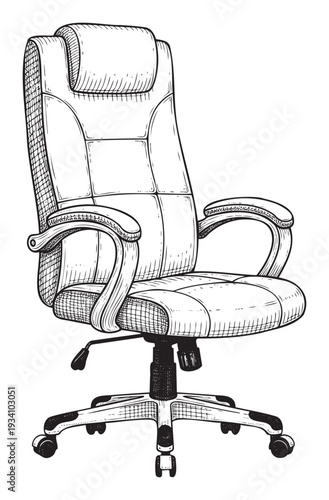 Highback executive swivel office chair with armrests and wheels depicted in a handdrawn style, ideal for business presentations, office furniture catalogs, or ergonomic workstation guides.