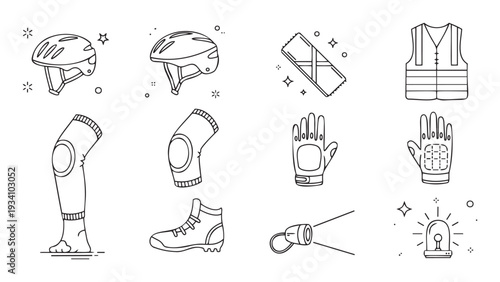 A versatile collection of essential safety and outdoor sports equipment including helmets, protective pads, gloves, and warning lights for active recreation and personal security needs.