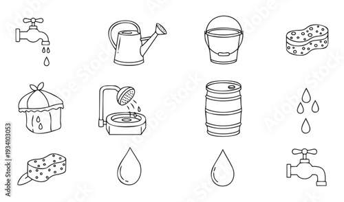 Simple line vector graphics depicting essential water related items like faucets, watering cans, buckets, sponges, barrels, showers, and water drops for resource management and everyday