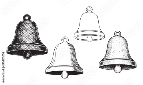 Hand drawn collection of decorative bells featuring various shading techniques like crosshatching and stippling, ideal for creating charming holiday greetings, wedding stationery, or
