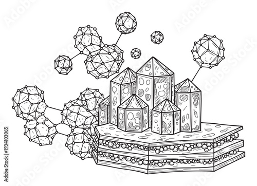 Visual representation of interconnected geometric molecules floating above a stratified material with prismlike crystalline structures, ideal for science education and research graphics.
