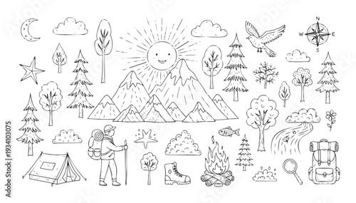 Hand drawn doodle set of outdoor adventure and nature elements perfect for childrens books educational materials and branding related to hiking camping and exploration activities