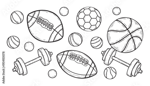 Collection of assorted sports equipment including football, soccer ball, basketball, small athletic balls, and dumbbells for fitness, workout, and active lifestyle themes.