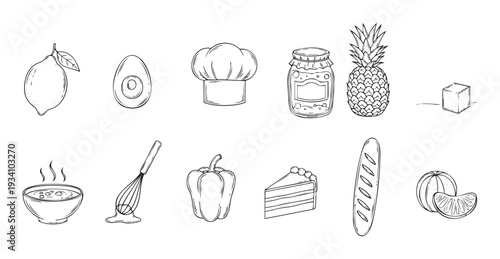 Collection of hand drawn black and white outline food and cooking icons featuring fruits, vegetables, dessert, and kitchenware, suitable for restaurant menus or recipe book designs