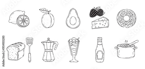 Hand drawn black and white food and kitchen icons for recipe blogs restaurant menus cooking websites grocery store promotions and culinary event posters