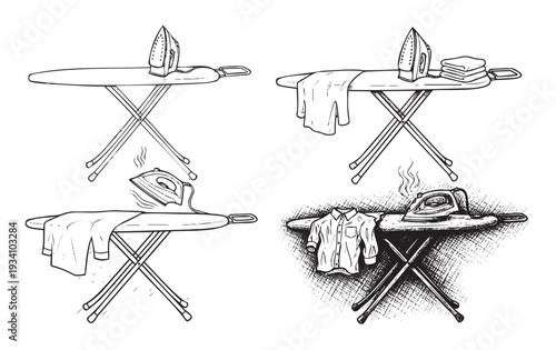Dynamic representation of domestic ironing process showcasing an iron and various stages of pressing clothes on an ironing board for household chore themed visual projects