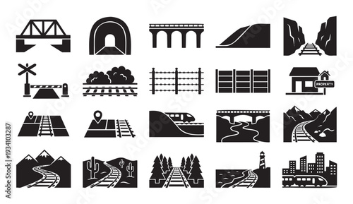 Collection of railway and train transportation icons for graphic resources representing various travel routes infrastructure elements and landscapes for web or app interfaces