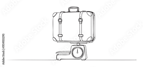 Continuous graphic of a vintage suitcase being weighed on an old mechanical scale, perfect for travel industry promotions and baggage allowance notices.
