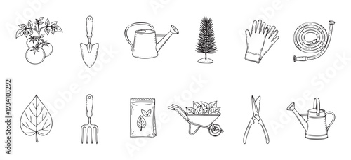 A comprehensive collection of essential gardening tools and planting elements for home garden enthusiasts, perfect for educational resources and agricultural product packaging