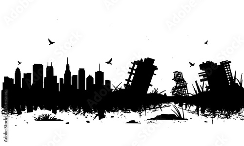 Apocalyptic Destroyed City Skyline Silhouette with Ruined Buildings, Crumbling Skyscrapers, and Monster Shadow in a Grunge Post-Apocalyptic Urban Wasteland Scene