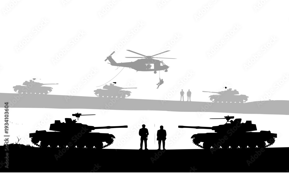 Fototapeta premium Military silhouette scene featuring battle tanks, combat helicopter, and soldiers on a warzone battlefield, depicting modern armed forces in a dramatic black and white vector illustration