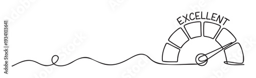 Single continuous line drawing of an excellent performance indicator meter with a needle pointing to the highest rating for business success and quality evaluation.