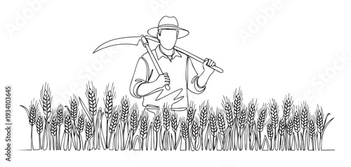 A farmer with a scythe stands amidst a field of golden wheat, representing harvest and agricultural traditions, perfect for themes of farming, rural life, and food production