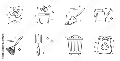 Collection of essential gardening tools and environmental icons for eco friendly applications and outdoor activity projects illustrating growth and sustainability