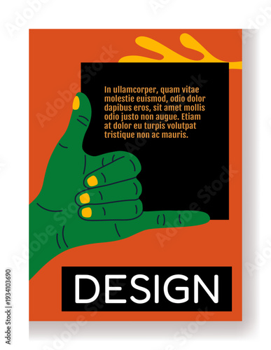 Art abstract poster. Frame for text design. Bright human hand. Arm with calling gesture. Calling fingers position. Blank border. Color flat shapes. Information card lettering. Vector banner design