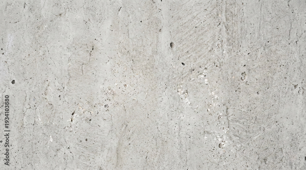 Obraz premium Light grey rough concrete wall with visible tool marks, pitting, fine cracks, embedded pebbles and raw textured surface.