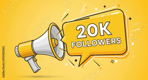 A graphic showing 20k followers with a megaphone and speech bubble announcement