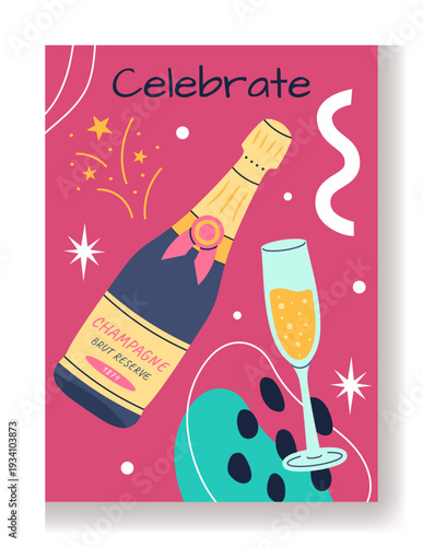 Abstract geometric poster. Champagne bottle with glass. Drink alcohol at party. Geometric shapes. Festive firework. Curve color flat figures. Beverage for festival. Holiday celebration vector banner