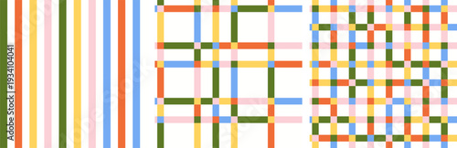 Retro colored spring checkerboard and stripes seamless pattern collection. Fun colored vintage plaid background. Vector print for holiday, party, birthday, invitation