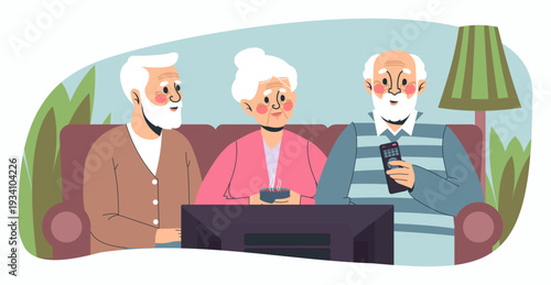 Old man. Senior people watching television. Elderly family sitting on sofa in front of TV screen. Retired people leisure. Grandparents cozy relaxation. Video film. Home entertainment. Vector concept