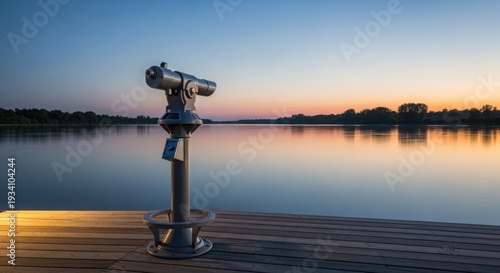 Observation telescope on wooden deck overlooks tranquil lake reflecting twilight sky, inviting viewing and discovery of distant landscapes.