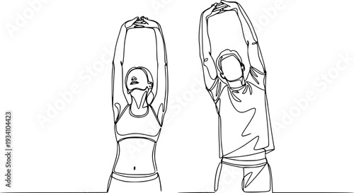 Continuous line art or One Line Drawing of a woman stretching arms is relaxing, Happy man and woman raising hands in an exercise of relax and breathing, one line continuous drawing 
