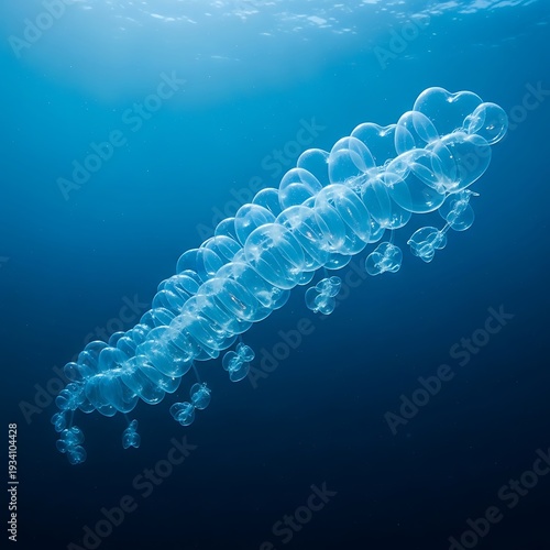 A siphonophore is swimming through the deep blue ocean water column