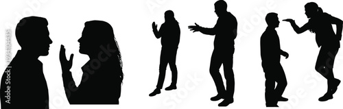 Argument silhouettes, people in conflict, expressive communication, confrontation illustration, disagreement concept, social interaction art, black silhouettes, white background design
