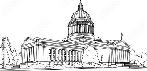 set of Washington capitol building line art, black outline, vector and illustration, coloring book page line art drawing

