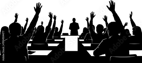Students raising hands in classroom silhouette vector illustration isolated on white background
