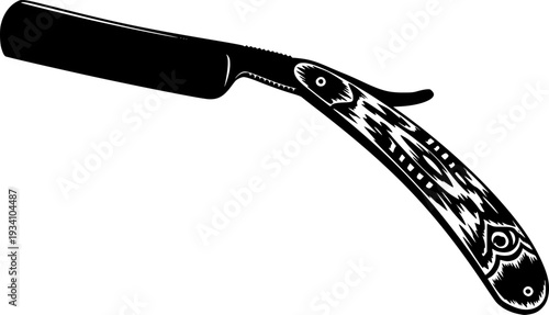 Black silhouette of a straight razor blade with a handle isolated on white background
