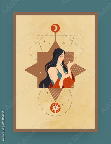 Woman magic. Young female Boho portrait. Mystic line symbols. Spiritual stars and abstract sun astrology icons. Beautiful people profile. Mystical girl face. Occult pentagram. Vector esoteric card