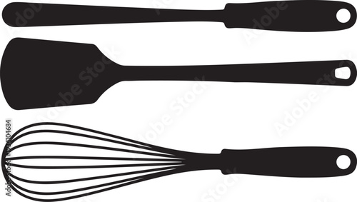 Black kitchen utensils on white background spatula