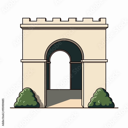 This classic stone archway structure featuring a castle turret design and green bushes is ideal for architectural projects and game world environment assets.
