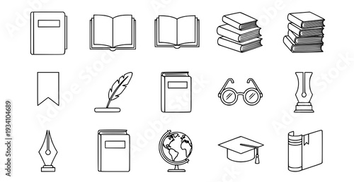 A minimalist black outline book icons collection displayed in a horizontal composition on a solid white background. The set includes line art icons of open book, closed book, stacked books, textbook w