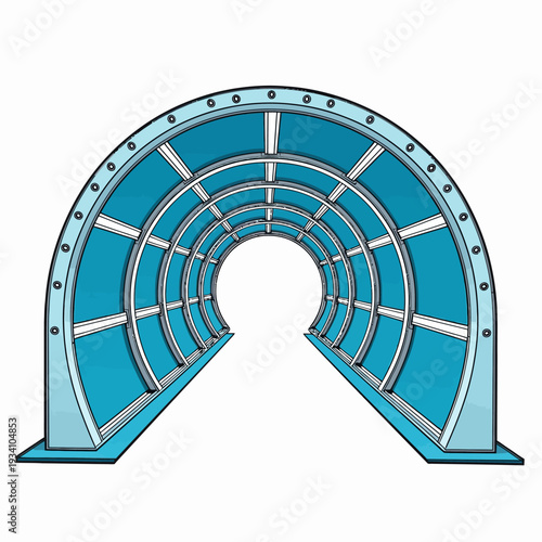 Futuristic blue circular tunnel architectural structure with metallic ribs and glass panels on white background for sci-fi technology concepts.
