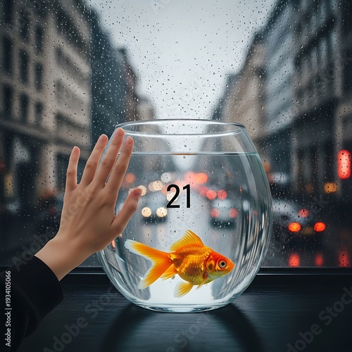A person's hand touches a fishbowl with a goldfish on a rainy city street