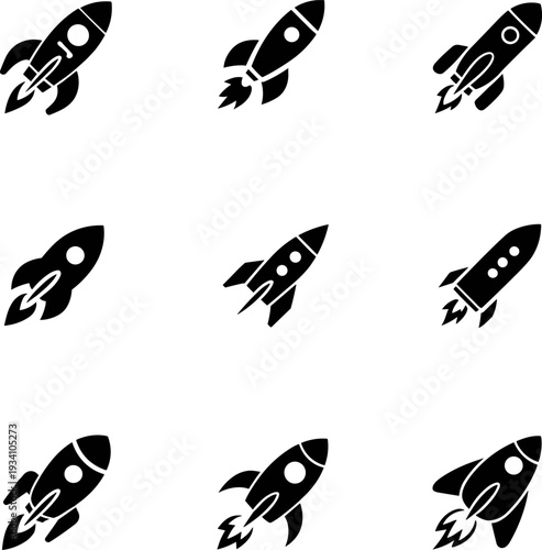 Rocket ship icon pack, black silhouette space launch symbols, startup business growth concept, isolated flat vector illustration collection
