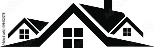 Minimal black silhouette icon combining residential houses and modern buildings symbolizing real estate development, construction services, property investment, and urban architecture concept