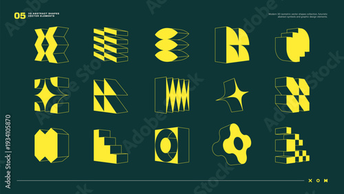 Modern 3D isometric vector shapes collection, futuristic abstract symbols and graphic design elements.