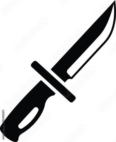 A black knife angled right with a handle guard and blade The blade has a white edge