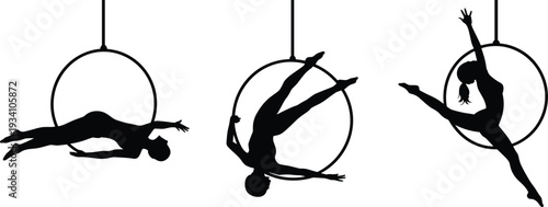 WebAerial hoop silhouettes, Lyra performers, acrobatic poses, strength and flexibility, circus art, dynamic movement, black silhouettes, white background illustration