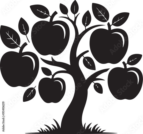 Black silhouette apple tree with six apples and leaves