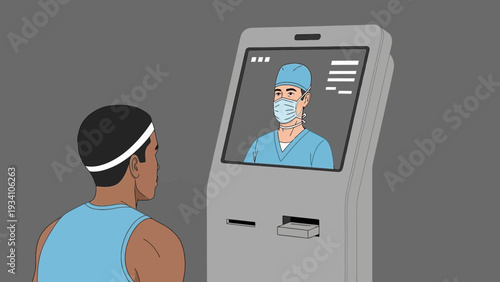 Man interacting with automated medical kiosk featuring virtual healthcare provider on screen