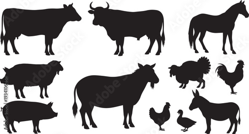Farm animals silhouette collection cow horse sheep goat pig turkey chicken duck donkey livestock agriculture vector isolated set.