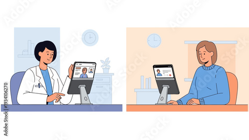 Medical consultation illustrations showcasing doctor-patient interaction and telemedicine services in a professional healthcare setting