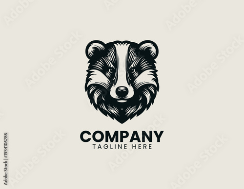 Detailed badger head in symmetrical frontal view is presented as bold monochrome vector logo on clean white background